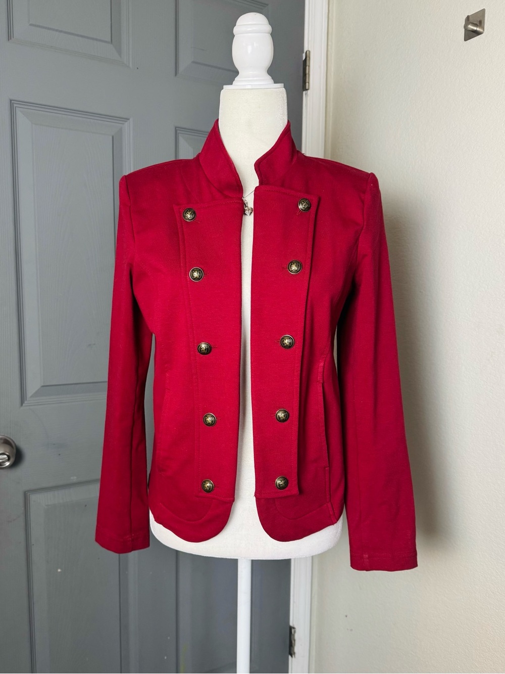 Red Double Breasted Military Blazer Jacket Stand Collar Medium